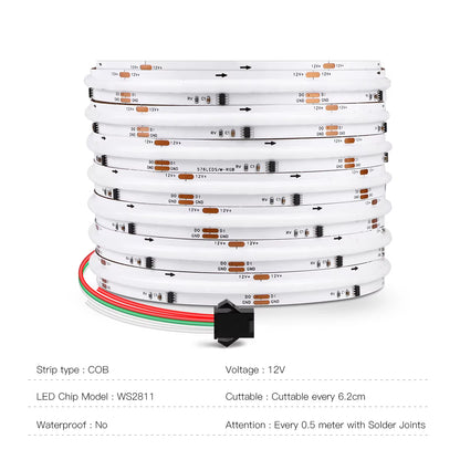 WS2811 Addressable SPI Dream Color LED Strip Light 576Leds/M FCOB RGBIC Flexible WS2812B COB Ribbon 10Mm 12V Led Lights RA90