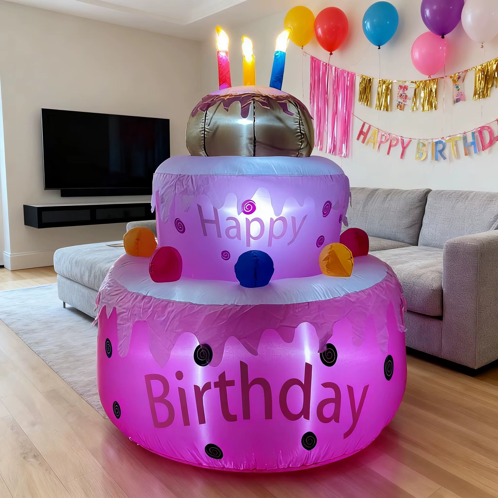 1.6M Birthday Cake Inflatables Outdoor Decorations Build-In LED Light Happy Birthday Party Decor Home Indoor Outdoor Garden