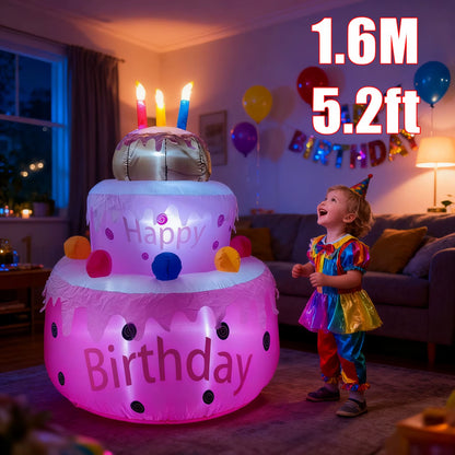 1.6M Birthday Cake Inflatables Outdoor Decorations Build-In LED Light Happy Birthday Party Decor Home Indoor Outdoor Garden