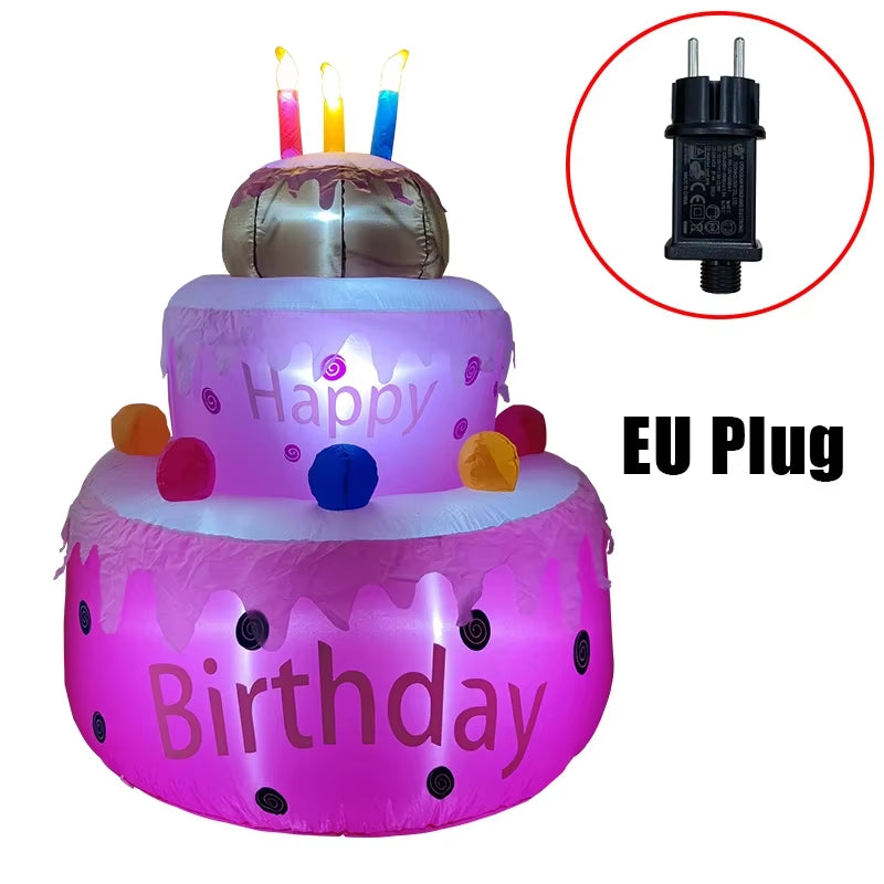 1.6M Birthday Cake Inflatables Outdoor Decorations Build-In LED Light Happy Birthday Party Decor Home Indoor Outdoor Garden