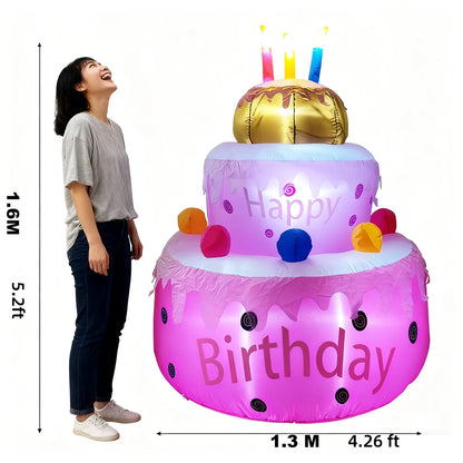 1.6M Birthday Cake Inflatables Outdoor Decorations Build-In LED Light Happy Birthday Party Decor Home Indoor Outdoor Garden