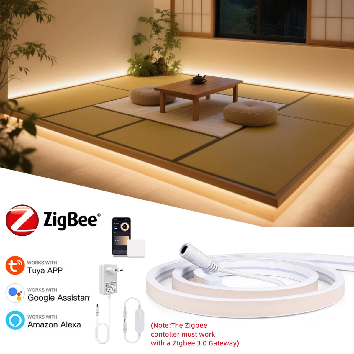 1M-5M Zigbee 3.0 LED Strip DC 12V Linear Dimmable Neon Tape RA90 320Leds/M for Tuya App Control Alexa Goolgle Voice